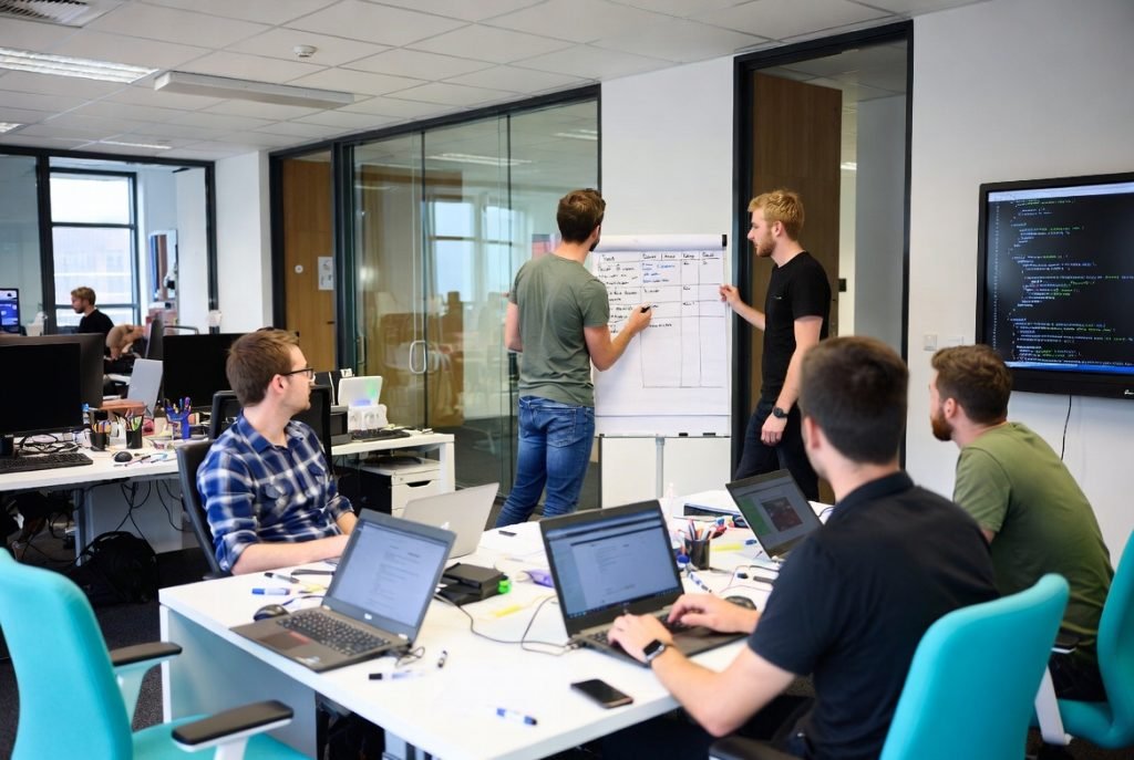 Development team planning a sprint at the whiteboard