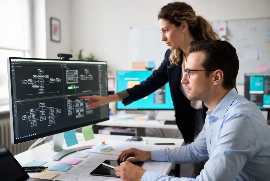 Designers reviewing user flows and architecture diagrams